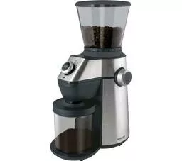 Młynek do kawy Sencor SCG 6050S srebrno czarny prawy bok widok na młynek z pojemnikiem wypełnionym kawą