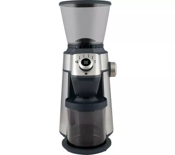 mlynek do kawy sencor scg 6050s srebrno czarny przod widok na mlynek z pojemnikiem na kawe