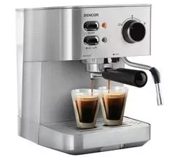 Ekspres do kawy Sencor Ses 4010SS srebrny lewy bok widok na zaparzanie kawy w dwóch małych szklankach