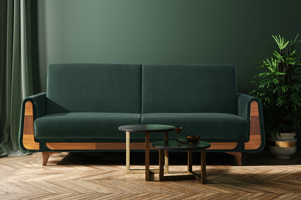 Zielona sofa rozkładana w stylu retro Zielona sofa rozkładana w stylu retro