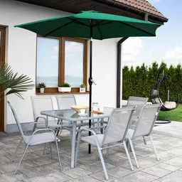 Stół ogrodowy metalowy Springos biały prezentacja ustawienia w krzesłami w ogrodzie