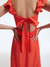 Pomarańczowa lniana sukienka z falbankami