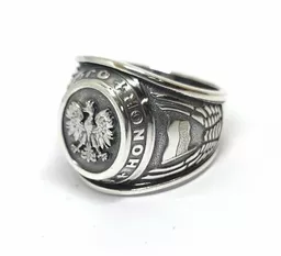 Męski sygnet ze srebra z Orłem i patriotycznym hasłem Męski sygnet ze srebra z Orłem i patriotycznym hasłem