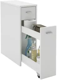 Szafka łazienkowa na kółkach i z koszem FMD furniture biała prezentacja umieszczonych produktów w szafce