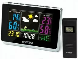Stacja pogodowa z kolorowym wyświetlaczem pokazującym aktualną godzinę, temperaturę oraz wilgotność wewnątrz oraz na zewnątrz, a także kalendarz 