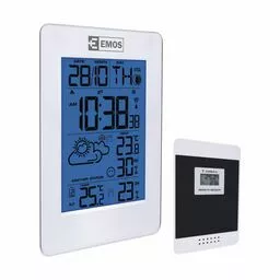 Stacja pogodowa z bezprzewodowym czujnikiem pokazujący temperatury oraz wilgotność wewnątrz i zewnątrz, a także godzinę