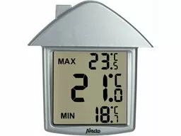 Termometr cyfrowy przyklejany do szyby w kształcie domku, wskazujący również temperaturę maksymalną i minimalna
