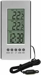 Termometr z czujnikiem przewodowym pokazujący temperaturę na zewnątrz, wewnątrz oraz aktualną godzinę
