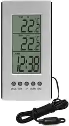 Termometr z czujnikiem przewodowym pokazujący temperaturę na zewnątrz, wewnątrz oraz aktualną godzinę Termometr z czujnikiem przewodowym pokazujący temperaturę na zewnątrz, wewnątrz oraz aktualną godzinę