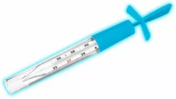 Termometr cieczowy, galowy w niebieskim etui ułatwiającym strzepywanie temperatury Termometr cieczowy, galowy w niebieskim etui ułatwiającym strzepywanie temperatury