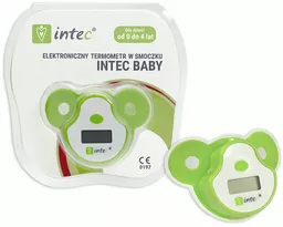 Termometr w smoczku dla niemowląt w kolorze zielono-białym w opakowaniu oraz bez niego