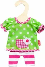 Ubranka dla lalki składająca się z zielonej bluzki w białe kropki i spodenek w różowe paski