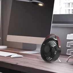 Wentylator biurkowy Perel designerski czarny ze skórzanym paskiem Wentylator biurkowy Perel designerski czarny ze skórzanym paskiem