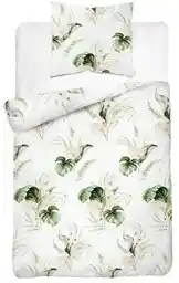 Detexpol Pościel satynowa 140x200 Home Satin 126 biała zielona morelowa liście monstery
