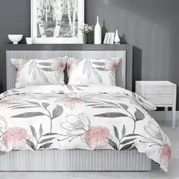 Detexpol Pościel satynowa 160x200 4457 B biała szara pudrowa kwiaty liście Home Satin 126