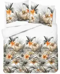 Detexpol Pościel satynowa 160x200 Home Satin 71 biała w pomarańczowe kwiaty i palmy
