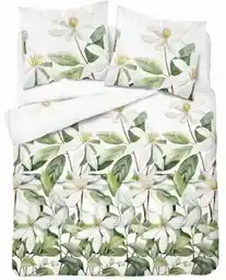Detexpol Pościel satynowa 160x200 Home Satin 71 Biała w zielone liście i kwiaty