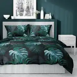 Detexpol Pościel satynowa 220x200 czarna turkusowa liście 4680 B Home Satin 40