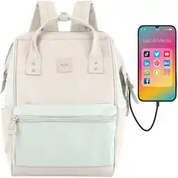 Himawari Pojemny plecak na laptopa w kolorze ecru i miętowym z portem USB 1881-19