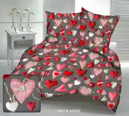 Karo Pościel z kory 140x200 walentynkowa serca szara ciemna czerwona 100 procent bawełna na guziki