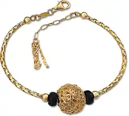 Lovrin Złota bransoletka 585 bangle z ażurową kulką czarne kamienie